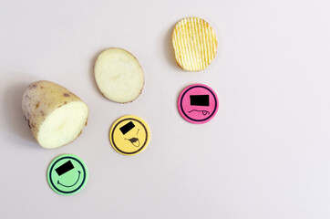 Negative attitude to chips. The concept of turning potatoes into chips with colored emoticons. Potatoes and chips close-up on a colored background