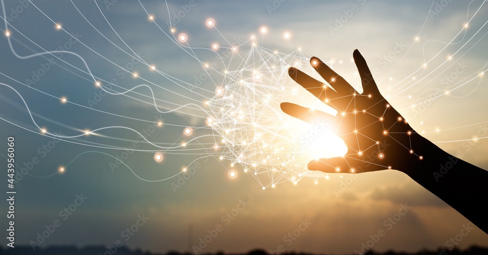 Poster abstract man hand touching global network connections, innovative technology in science and communic