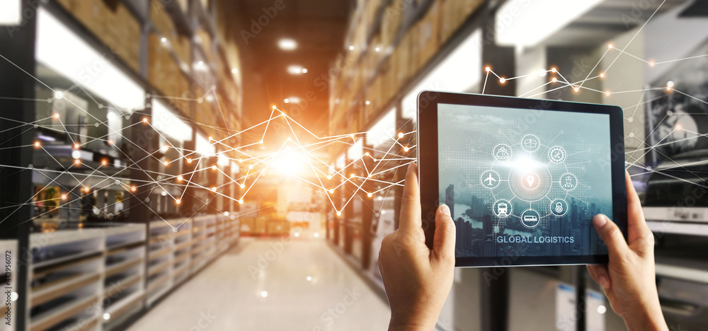 Poster hands hold tablet with global logistics network app at distribution warehouse. intelligent innovatio