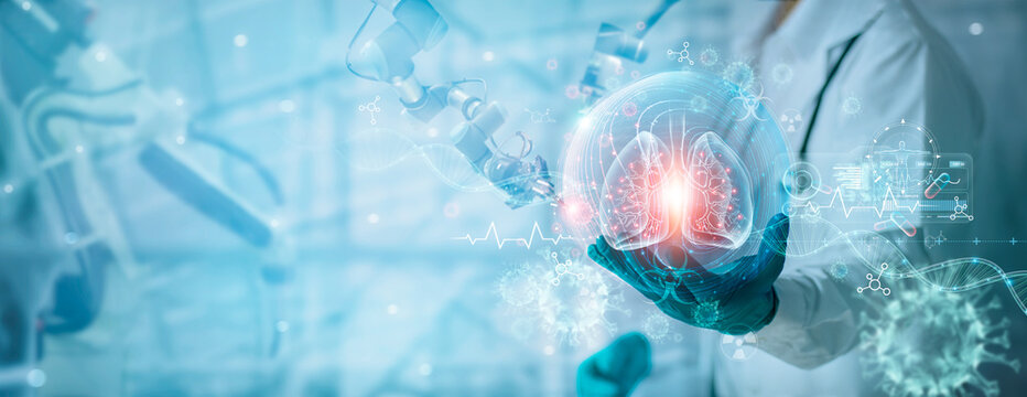 Healthcare and medicine, Covid-19, Doctor and robotics research and diagnose virtual Human Lungs with coronavirus spread inside on interface in laboratory background, Innovation and Medical technology