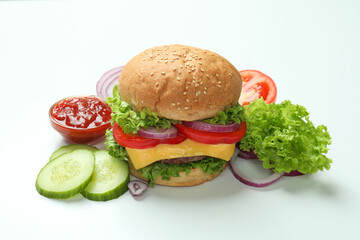 Concept of tasty food with delicious burger