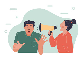 women character holding a speaker and shout to a man who suprised