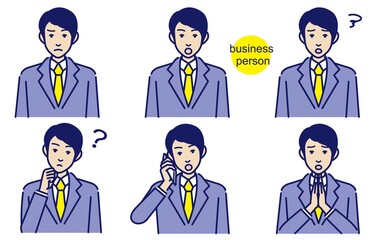ビジネスマンのイラスト素材 ベクター  表情セット 疑問 スマホ 会話