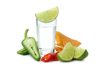 Party concept with tequila and chips isolated on white background