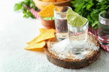Party concept with tequila, guacamole and chips