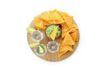 Party concept with tequila and chips isolated on white background