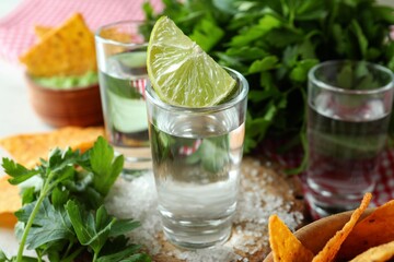 Party concept with tequila, guacamole and chips