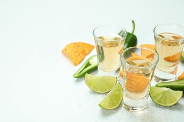 Party concept with tequila, guacamole and chips