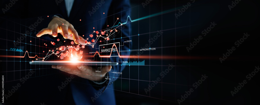 Aufkleber Businessman using tablet and touching global customer structure on networking connection and analysis sale data graph growth, Digital marketing, Data exchange, Strategy and development of business.