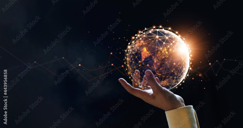 Poster .businessman holding night earth and global networking connection and data exchanges, global communi