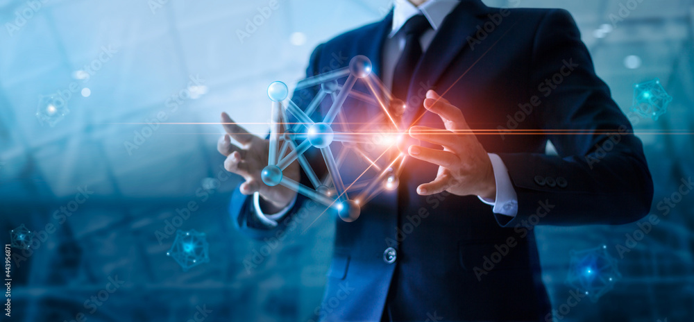 Poster Businessman holding abstract digital networking structure on global network connection and data exchanges worldwide, Business network communication and technology concept.