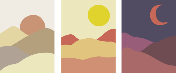 Collection of minimalistic modern art abstractions: landscape (morning, day and night) with geometric shapes