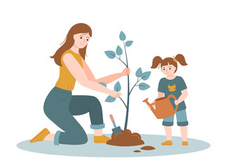 Mother and Daughter with watering can and shovel plant a tree. Characters seedling garden. Ecological lifestyle. Forest restoration. Vector flat cartoon illustration isolated on white.