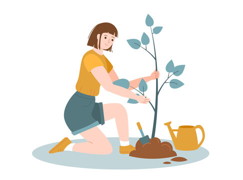 Woman with watering can and shovel plant a tree. Female Character seedling garden. Ecological lifestyle. Forest restoration. Vector flat cartoon illustration isolated on white.