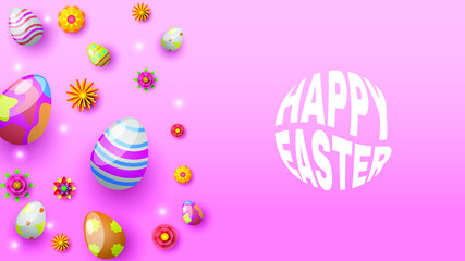 Happy Easter Eggs Flowers Greeting Background. Vector Design Banner Party Invitation Web Poster Flyer Stylish Brochure, Greeting Card Template