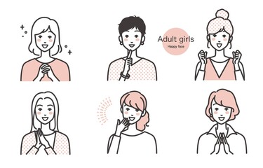 笑顔の女性達のイラストカット  ベクター  バリエーション 嬉しい 喜び