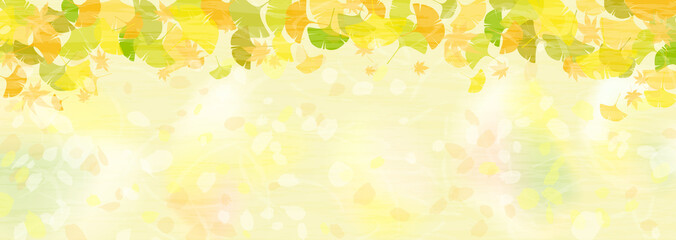Fototapeta na wymiar カラフルに色づいた銀杏の葉の横長背景イラスト
