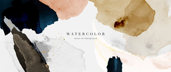 Watercolor art background vector. Wallpaper design with paint brush and gold line art. Earth tone blue, pink, ivory, beige watercolor Illustration for prints, wall art, cover and invitation cards. - obrazy, fototapety, plakaty