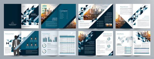Corporate business presentation guide brochure template, Annual report, 16 page minimalist flat geometric business brochure design template, A4 size.