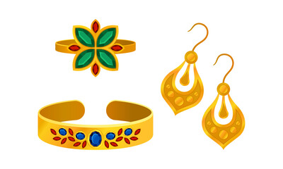 Jewellery or Jewelry Item as Personal Adornment with Earrings and Ring Vector Set