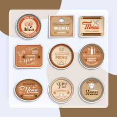 Vintage restaurant menu paper labels design template set isolated vector illustration