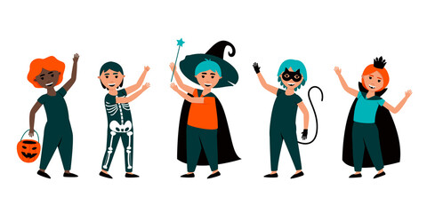 Set of isolated boys in Halloween costumes. Cute carnival costumes for boys on Halloween cat, sorcerer, skeleton, vampire. Happy Halloween. Flat vector illustration.