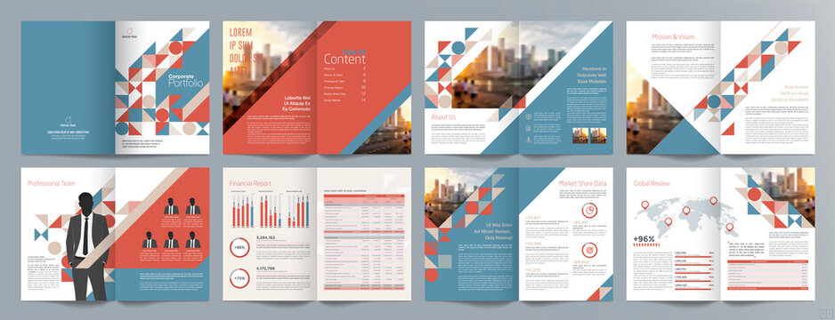 Corporate business presentation guide brochure template, Annual report, 16 page minimalist flat geometric business brochure design template, A4 size.
