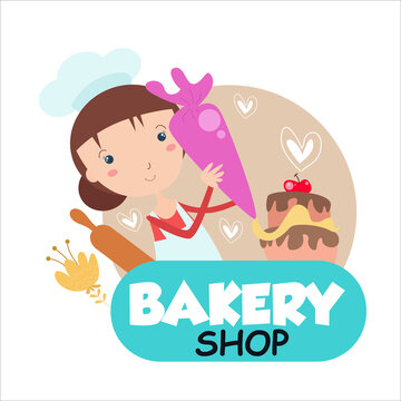 Bakery shop girl character vector template design illustration