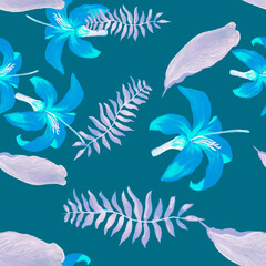 Fototapeta na wymiar Violet Tropical Illustration. Lavender Seamless Background. Azure Pattern Botanical. Cobalt Floral Foliage. Indigo Flower Nature. Blue Decoration Textile. Drawing Botanical.