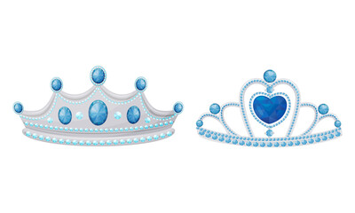 Blue Tiara or Diadem as Jeweled Ornamental Crown Vector Set © Happypictures