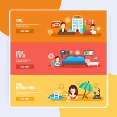 Hotel room service horizontal banner flat set isolated vector illustration