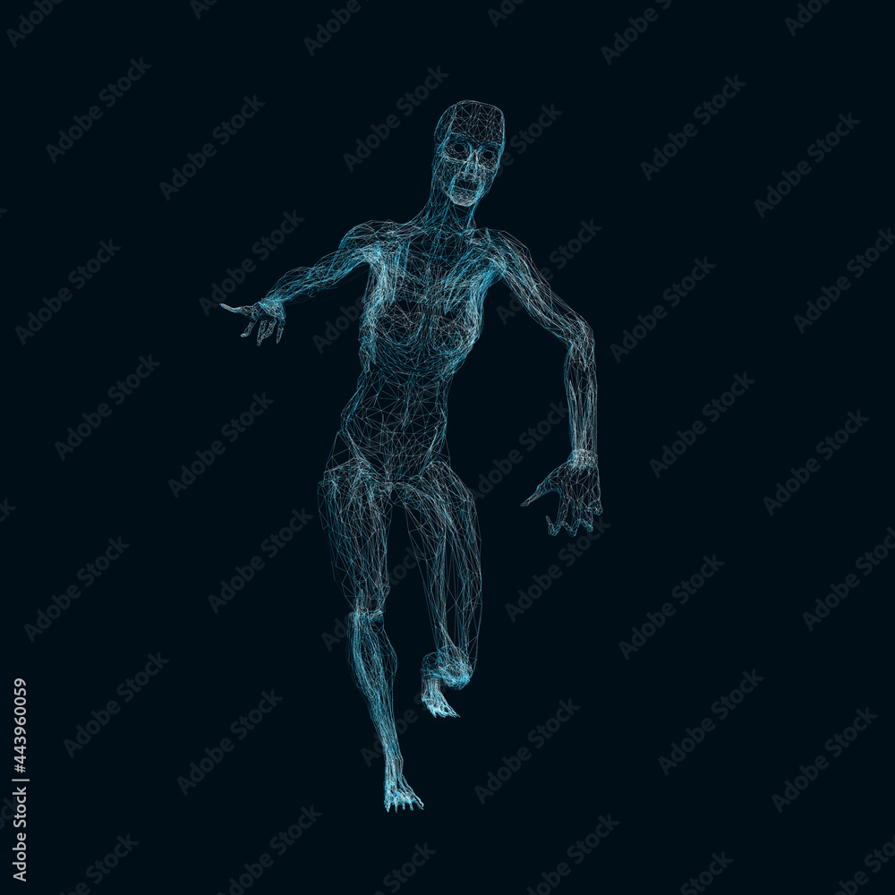 Poster wireframe of an abstract man running with all his might. vector illustration