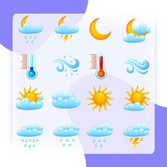 Weather forecast website decorative icon set with sun clouds rain thermometer isolated vector illustration