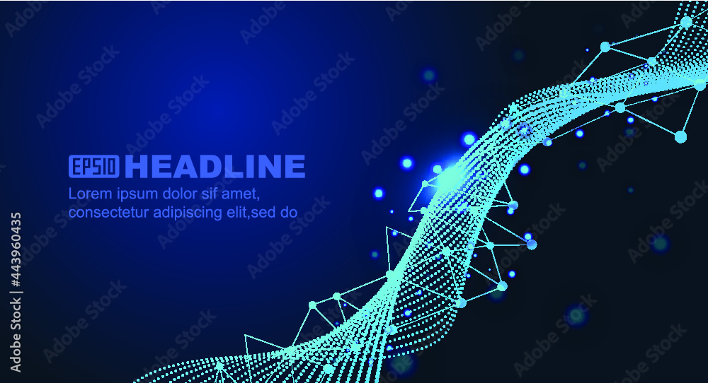 Poster the abstract figure consists of point, line and particle rotation with a technological background.
