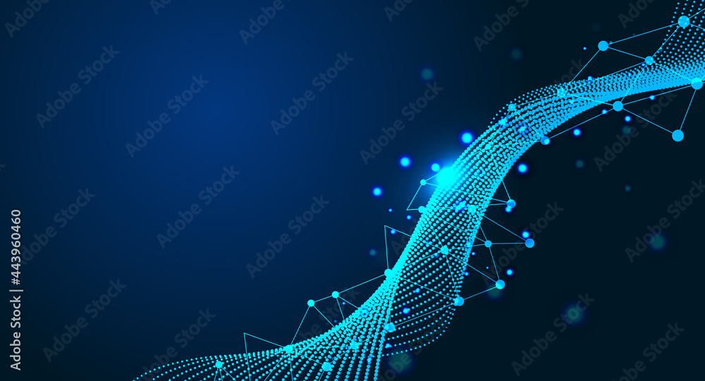 Poster the abstract figure consists of point, line and particle rotation with a technological background.