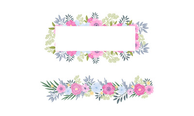 Floral Border of Lush Blooming Flowers as Decorative Vector Composition Set