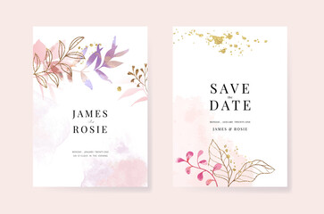 Minimal pink tropical Wedding Invitation, floral invite thank you, rsvp modern card Design in  golden line decorative Vector elegant rustic template
