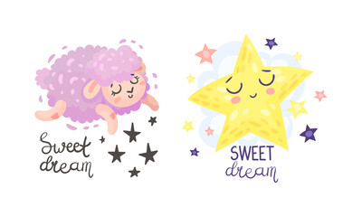 Cute Pictures with Sweet Dreams Inscription for Nursery Vector Set