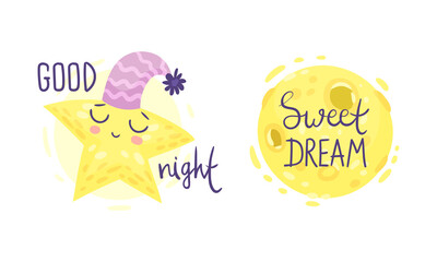 Cute Pictures with Good Night and Sweet Dreams Inscription for Nursery Vector Set