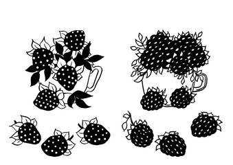 Hand drawn illustration of raspberry berries in a cup. Ideal for notebooks, patterns, stickers, tableware, postcards