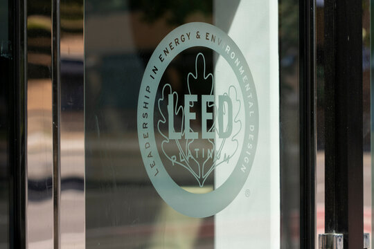 Portland, OR, USA - July 4, 2021: The LEED Platinum Certification Icon Is Seen At One Of The Entrances To The Oregon Convention Center In Portland, Oregon.