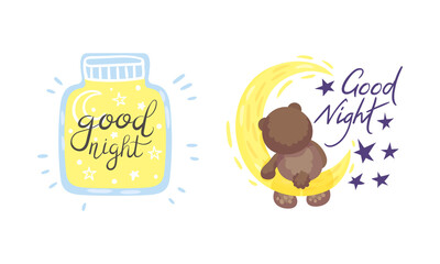 Cute Pictures with Good Night Inscription for Nursery Vector Set
