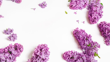 Fresh branches of purple lilac blossoms on white background. Mothers day. Flat lay. Copy space