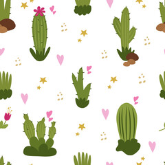 Seamless pattern with cute cacti of different types. Vector illustration. For decoration, scrapbooking, printing on paper, fabric.