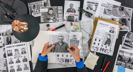 Detective is studying a file of a criminal group. He looks at the photo of crime - obrazy, fototapety, plakaty