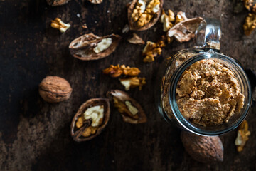 Delicious homemade breakfast with oats, almonds and hazelnuts. Concept