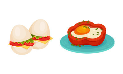 Stuffed Boiled Egg and Scrambled Egg in Bell Pepper Vector Set