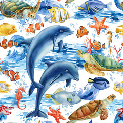 Obraz na płótnie Canvas Marine background, dolphins, fish, seahorse and turtles. Seamless pattern, watercolor illustration
