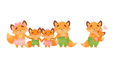 Happy Fox Family with Mother and Father Loving Their Little Cub Holding Hands Vector Set