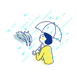 豪雨の中傘をさして歩く女性 - obrazy, fototapety, plakaty